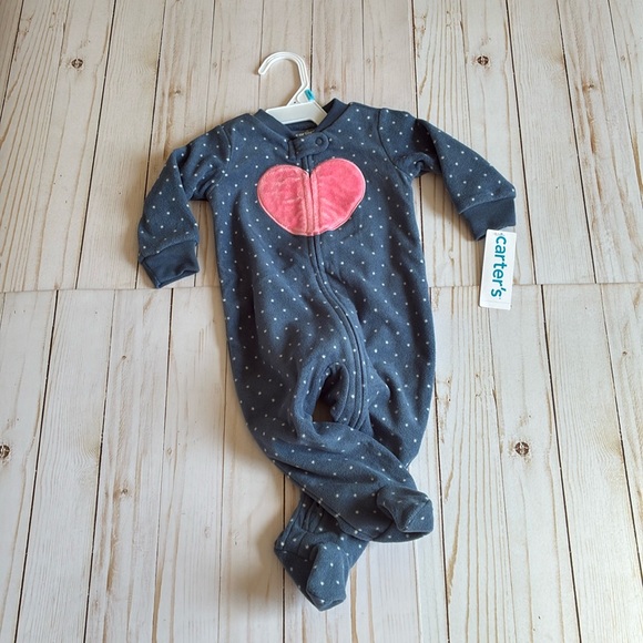 Carter's Other - NWT Carters Polka Dot Blue Pink Heart Footed Fleece Cozy Warm Girls Sleeper 6M